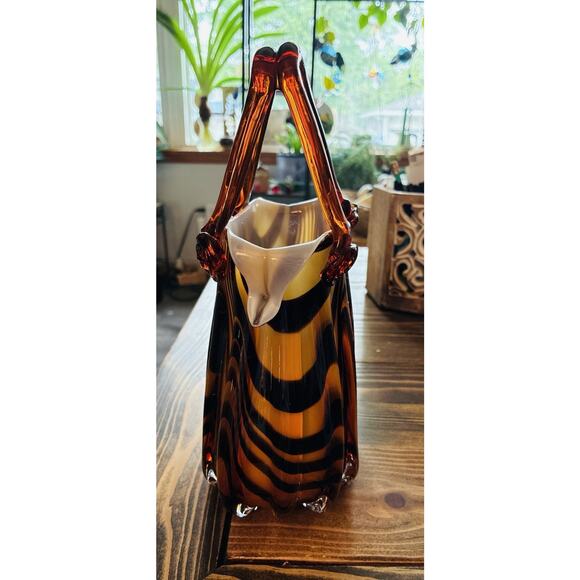 Mid 20th Century Hand Blown Art Glass Brown Black Animal print Applied Handle - Picture 3 of 6